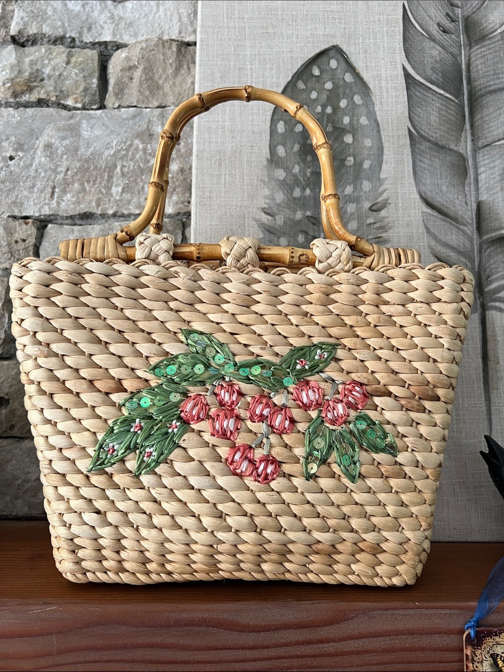 🍒Natural Straw Handbag With Cherry Detailing